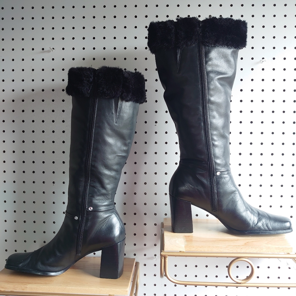 Westies Chunky Heel Block Leather, Fur And Rivet Rhinestone Winter Boots Black - Picture 3 of 14